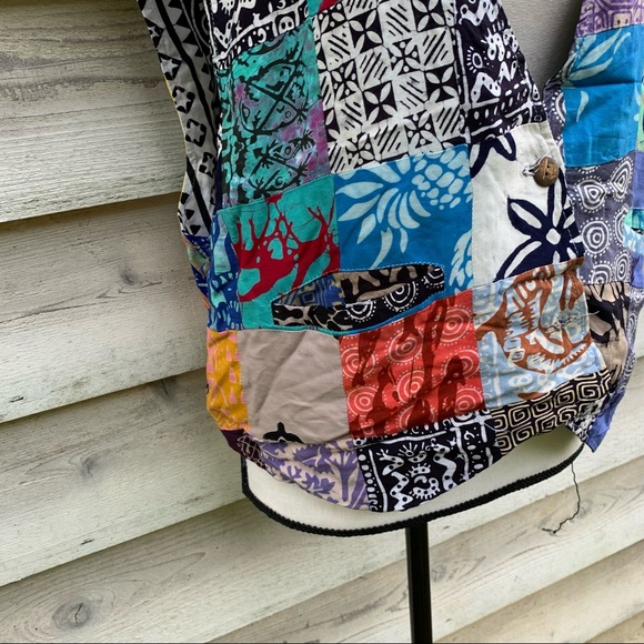 Vintage 80s Blue Handmade Abstract Patchwork Print Sleeveless Button Down Vest - Picture 11 of 16
